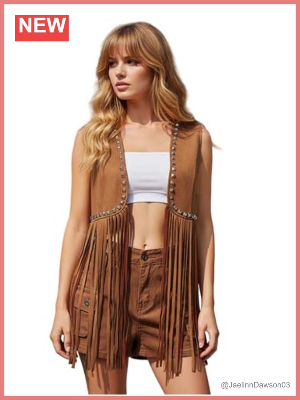 Sleeveless Fringe Studded Vest Cropped Regular Fit Pull-On Polyester Elastane